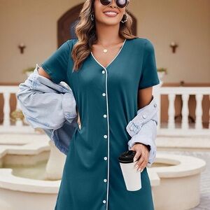Medium Size Teal and Black Button-Down Nightgown with White Trim Set .